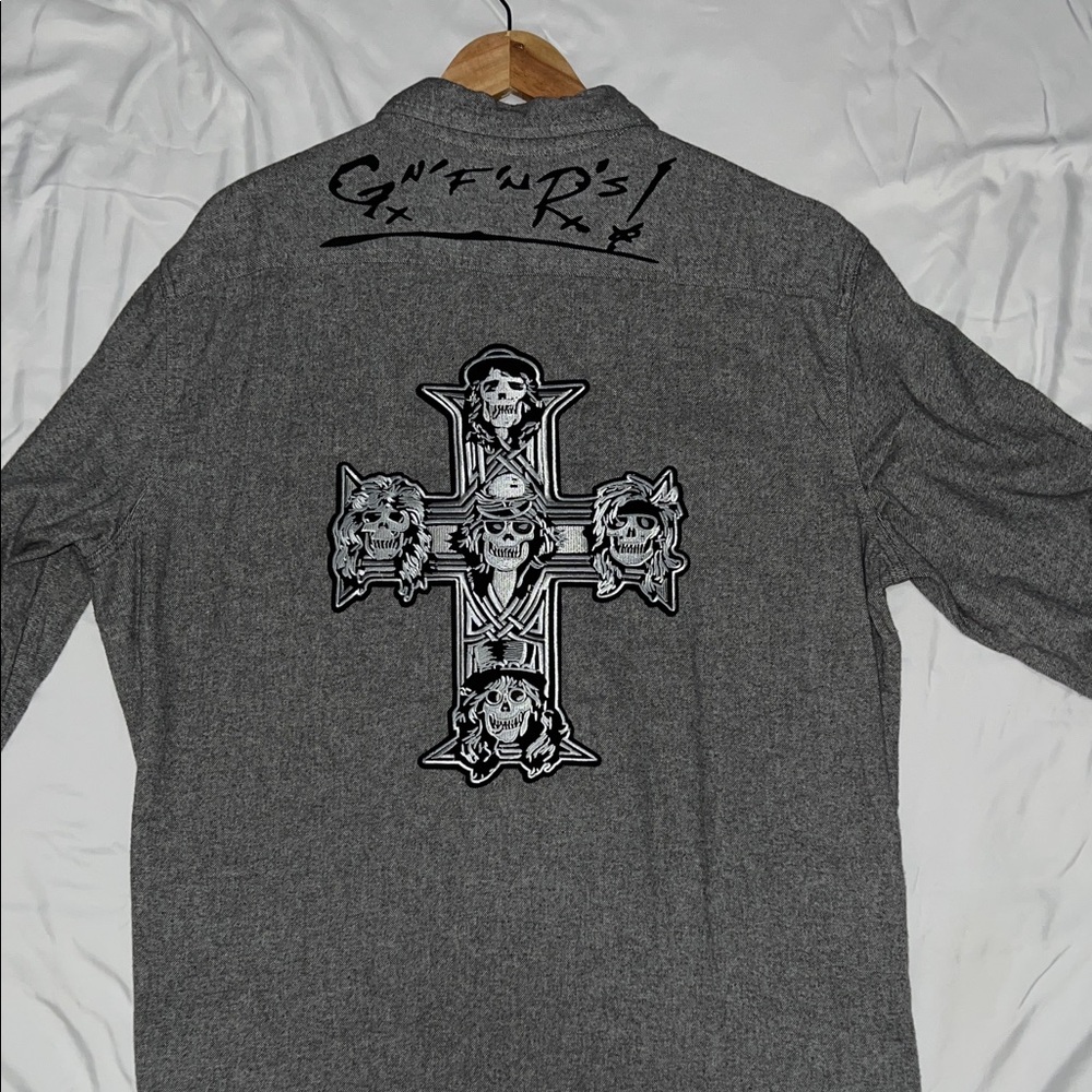 Men's XL Grey custom one of a kind Guns N Roses flannel shirt New